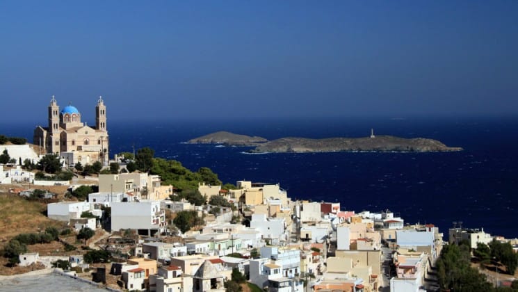A view of a town on Syros, overlooking the aegean sea