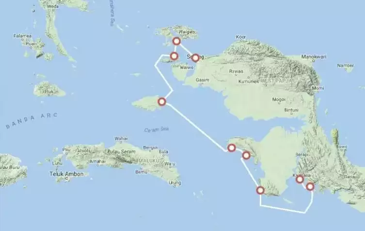 Route map of Papua's Whale Sharks & Birds of Paradise Indonesia small ship cruise, with visits along the southern coast of West Papua, in the Ceram Sea.