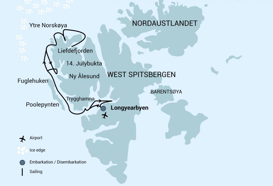 Route map of North Spitsbergen Arctic Summer small ship cruise, operating round-trip from Longyearbyen, Norway.