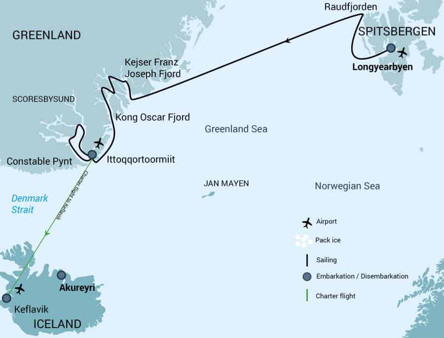 Route map of Spitsbergen Northeast Greenland Arctic cruise, operating from Longyearbyen, Norway, to Keflavik, Iceland.