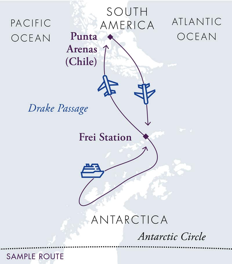 Route map of Antarctica Air Cruise, operating roundtrip from Punta Arenas, Chile, with a flights to and from King George Island and stops along the Antarctic Peninsula.
