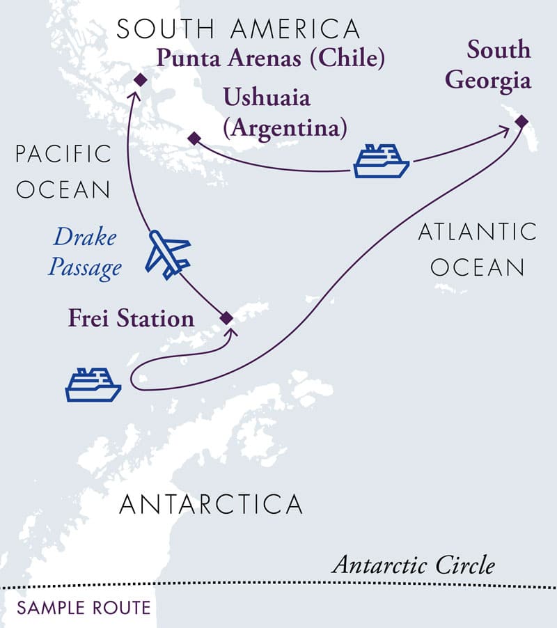 Route map of clockwise 17-day Antarctica & South Georgia Air Cruise, operating from Ushuaia, Argentina, with visits to South Georgia, Elephant Island & the Antarctic Peninsula, before ending with a flight from King George Island to Punta Arenas, Chile.