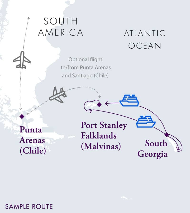 Route map of Falkland Islands & South Georgia Air Cruise, operating round-trip from Punta Arenas, Chile, with visits to Port Stanley, Saunders Island, New Island, Weddell Island, Bleaker Island, Elsehul Bay, Grytviken, Fortuna Bay, Gold Harbour, Cooper Bay, St Andrews Bay, Ocean Harbour, Prion Island & Salisbury Plain.