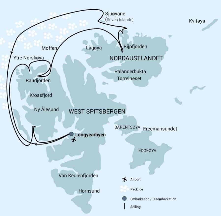 Route map of North Spitsbergen 82 Degrees North Arctic cruise, operating round-trip from Longyearbyen, Norway, with visits to northern and western Svalbard,