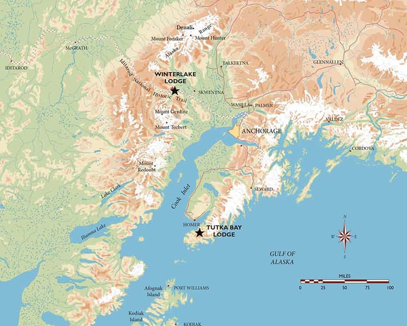 Map of Within the Wild luxury Alaska land tour showing the Kenai Peninsula, Anchorage & 2 lodges: Winterlake & Tutka Bay.