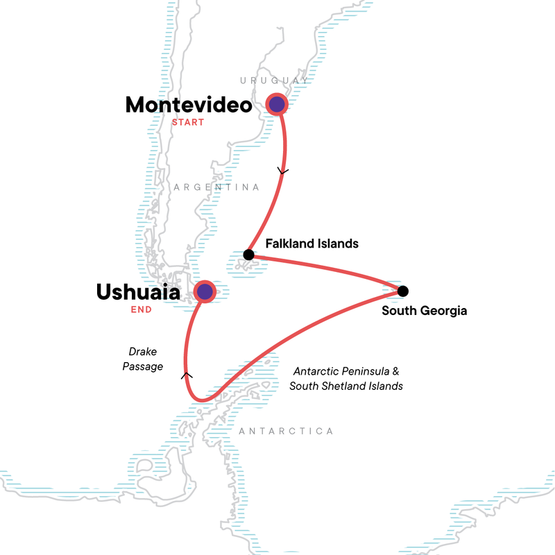 Route map showing a red line of the path of the Falklands, South Georgia aboard Expedition Antarctica voyage, sailign from Montevideo Uruguay to Ushuaia, Argentina.