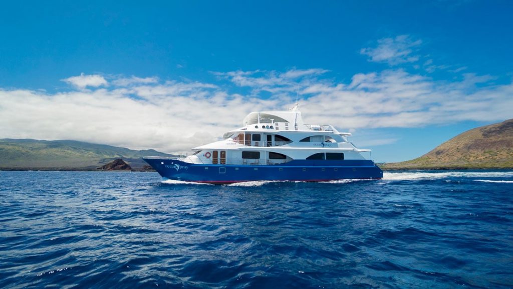 Catamaran with blue hull & white upper decks cruises through calm water beside tan hillsides on a sunny day in Galapagos.