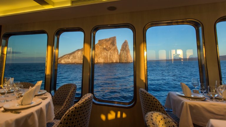 Taken from the dining room looking out the windows to kicker rocks aboard the Origin theory Evolve Galapagos ship,