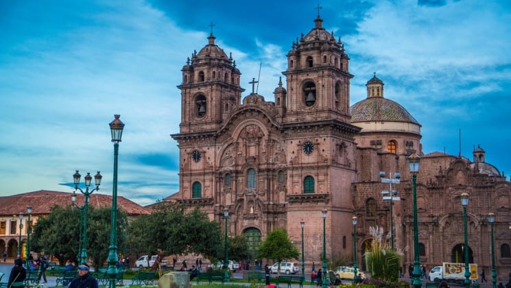 cathedral in cusco as sun sets, seen on peru highlights land tour