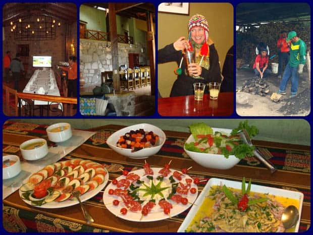 Peruvian mountain lodge with happy travelers making Pisco Sours and appetizers of local foods.