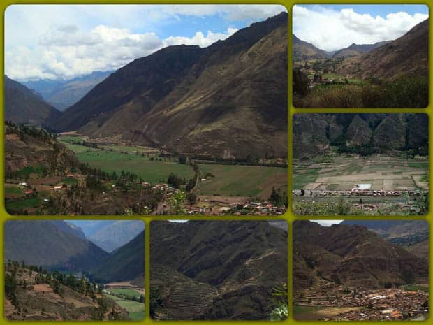 Sacred Valley with towering mountains and green grassy valley with villages in Peru.