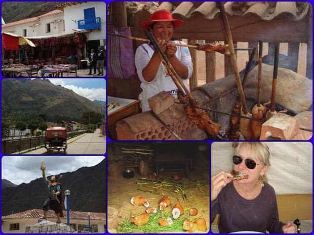 Peruvian village of Pisac with outdoor market, guinea pigs and happy traveler sampling guinea pig on a stick.