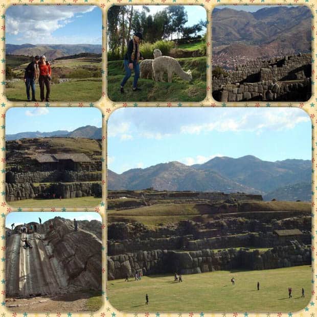Ruin of Sacsayhuaman in Peru with happy travelers exploring the ruin, walking with llamas and sliding down a stone water slide.