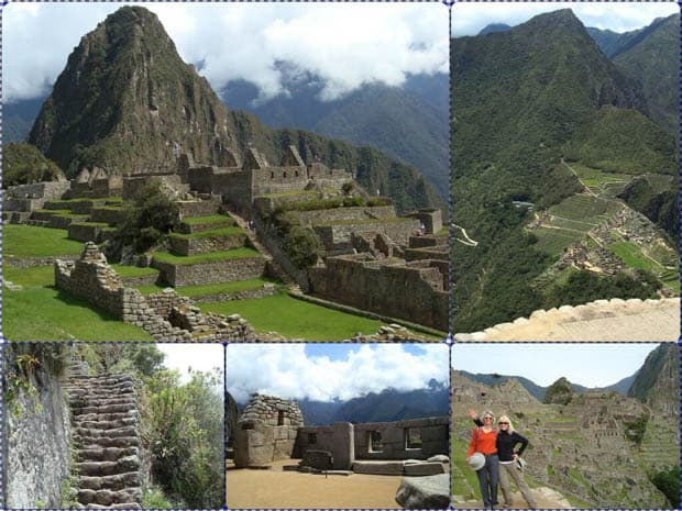 Machu Picchu in Peru of ruins and happy travelers.