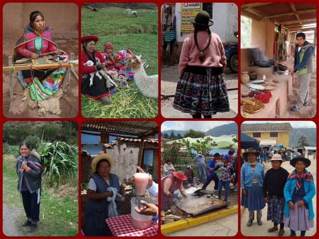 Peruvian local people in traditional dress weaving textile, cooking in markets and shaving the wool off of llamas.
