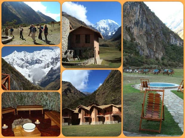 Mountain Lodge in Peru with travelers hiking and snow-capped mountains, sauna, hot tub and horses.