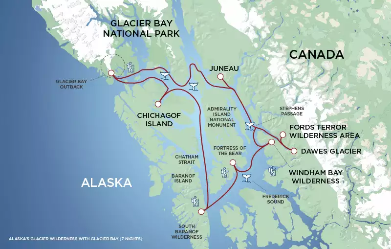 A red line on a green and blue map of the coastline of Alaska showing the route map of the Alaska's Wilderness Cruise, roundtrip from Juneau.