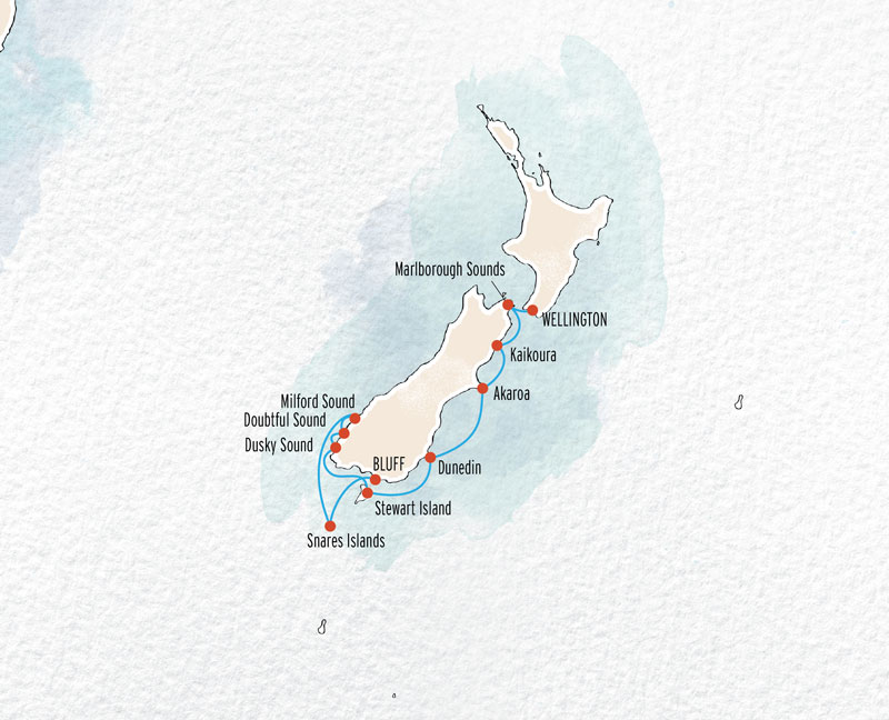 New Zealand By Sea: Southern Coast route map from Wellington to Bluff including Hautere.
