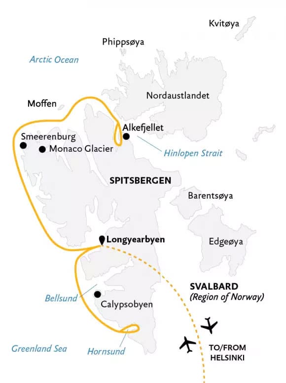 Route map of 10-day Introduction to Spitsbergen: Fjords, Glaciers & Wildlife of Svalbard voyage, operating round-trip from Longyearbyen, Norway, with visits to the western and northern shores of Spitsbergen, including Calypsobyen, Smeerenburg, the Monaco Glacier & Alkefjellet.