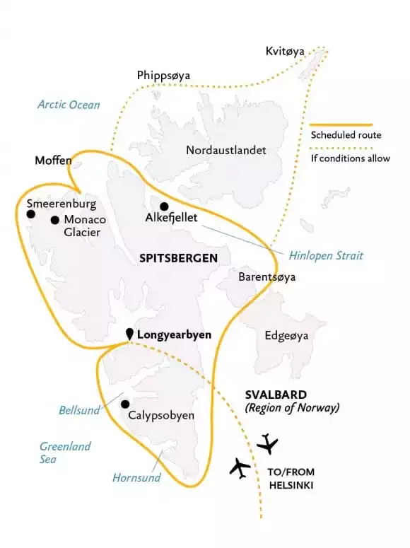 Route map of Spitsbergen In Depth arctic small ship cruise, operating round-trip from Helsinki, Finland with charter flights between Oslo and Longyearbyen, Spitsbergen. Circumnavigate Spitsbergen with visits to Calypsobyen, Smeerenburg, the Monaco Glacier, Moffen, Alkefjellet, Barentsoya & Edgeoya.