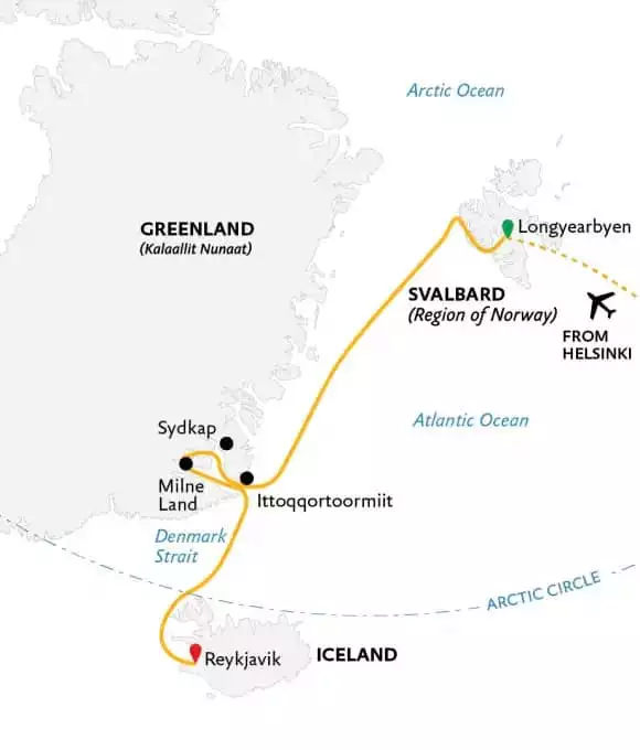 Route map for Three Arctic Islands main itinerary southbound Arctic cruise from Longyearbyen, Svalbard to Reykjavik, Iceland.