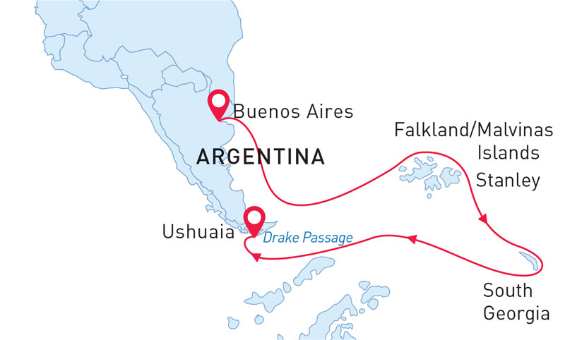 Route map of 21-day Falklands & South Georgia cruise on m/v Sea Spirit, from Buenos Aires to Ushuaia, Argentina.
