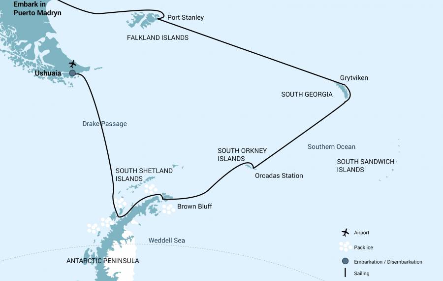 Route map of 21-day Falklands, South Georgia & Antarctica small ship expedition, operating between Puerto Madryn and Ushuaia, Argentina, with additional visits to the South Orkney Islands & the Antarctic Peninsula.