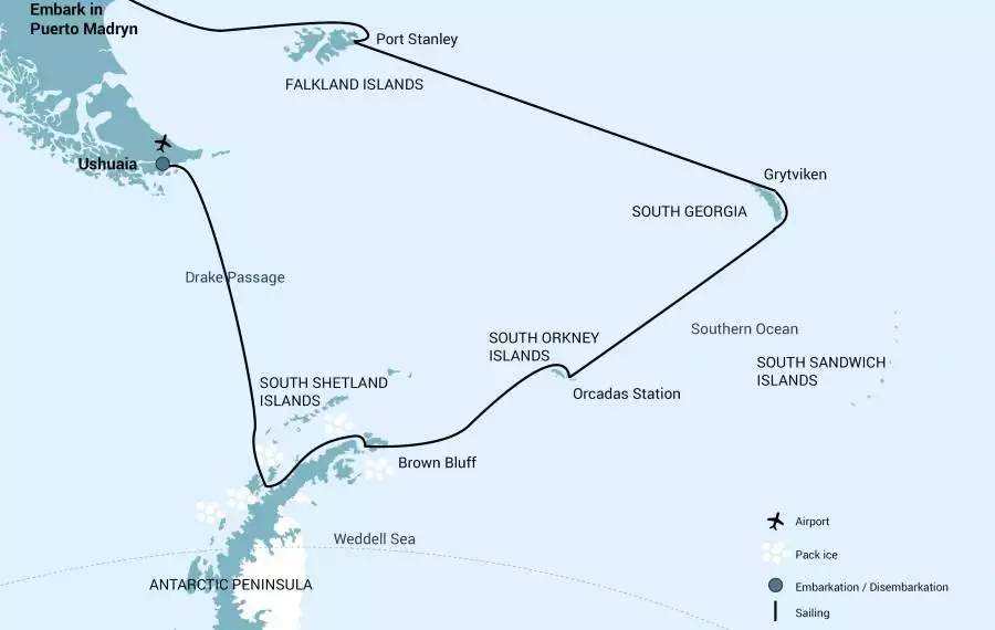Route map of 21-day Falklands, South Georgia & Antarctica small ship expedition, operating between Puerto Madryn and Ushuaia, Argentina, with additional visits to the South Orkney Islands & the Antarctic Peninsula.