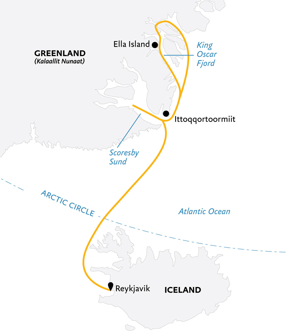 Route map of Under the Northern Lights Arctic small ship expedition, operating round-trip from Reykjavik, Iceland, with stops along southeast Greenland's Ittoqqortoormilt, Milne Land & Ella Island.