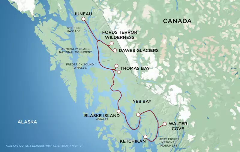 A red line on a green and blue map of Southeast Alaska showing the route of the Alaska Fjords & Glaciers Cruise between Juneau and Ketchikan.