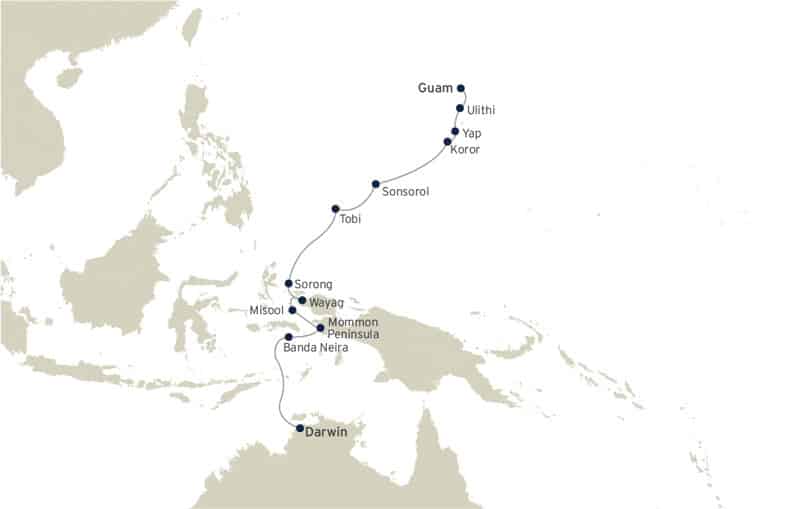 Route map of West Papua, Raja Ampat & Micronesia small ship expedition cruise from Darwin to Guam.