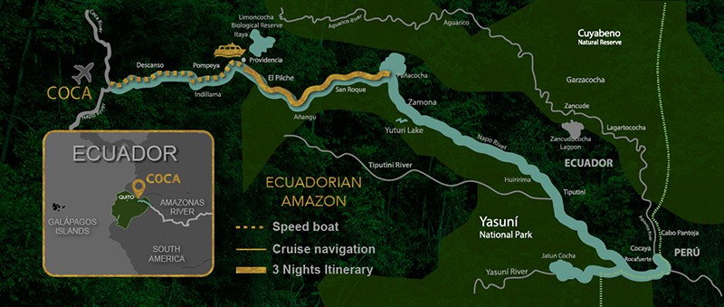 Route map of 4-day Anakonda and Manatee Amazon Cruise itinerary.