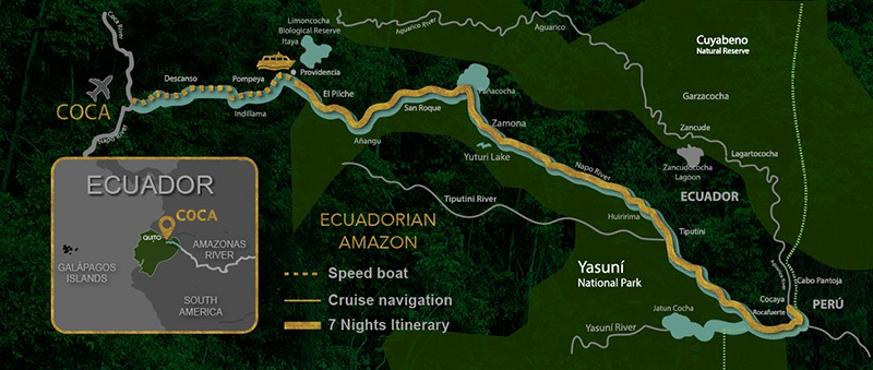Route map for 8-day Anakonda and Manatee Amazon Cruise itineraries.