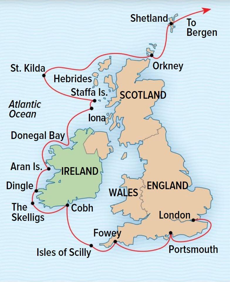 Ancient Isles: England, Ireland and Scotland cruise route map, operating from London, England to Bergen, Norway.