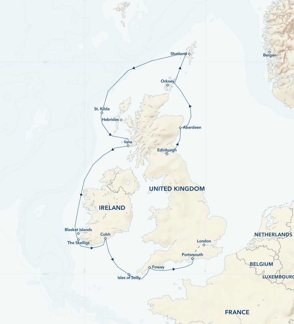Route map of Ancient Isles: England, Ireland & Scotland cruise southbound from Edinburgh to London with visits along all 3 countries.