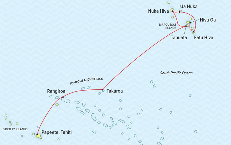 Route map of Ancient Polynesia Tuamotu & Marquesas cruise, operating round-trip from Papeete, Tahiti, with visits to Rangiroa, Takaroa, Tahuata, Fatu Hiva, Nuka Hiva, Ua Huka & Hiva Oa.