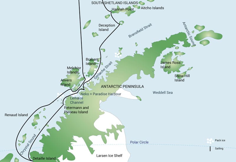 Route map of 12-day Polar Circle Cruise, operating round-trip from Ushuaia, Argentina, with visits to the South Shetland Islands & Antarctic Peninsula as far south as Detaille Island.