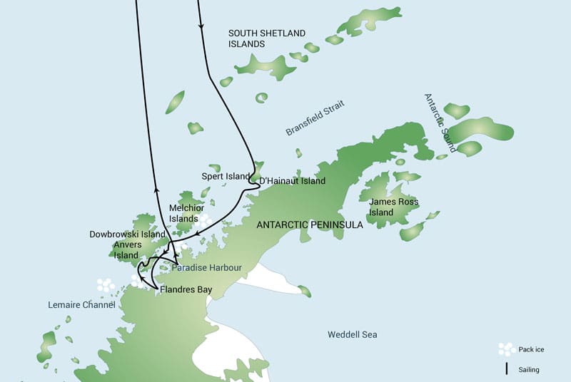 Route map of Antarctica Basecamp Cruise Anvers Island & Flandres Bay departures, operating round-trip from Ushuaia with visits along the northern end of the Antarctic Peninsula.