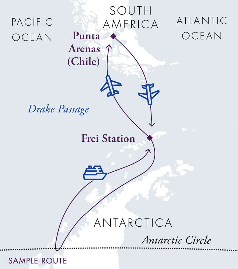 Polar Circle Air Cruise route map to Antarctica.