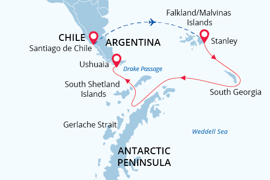 Antarctic Wildlife Adventure cruise route map showing the route marked in red from flying to the Falkland Islands back to Ushuaia.