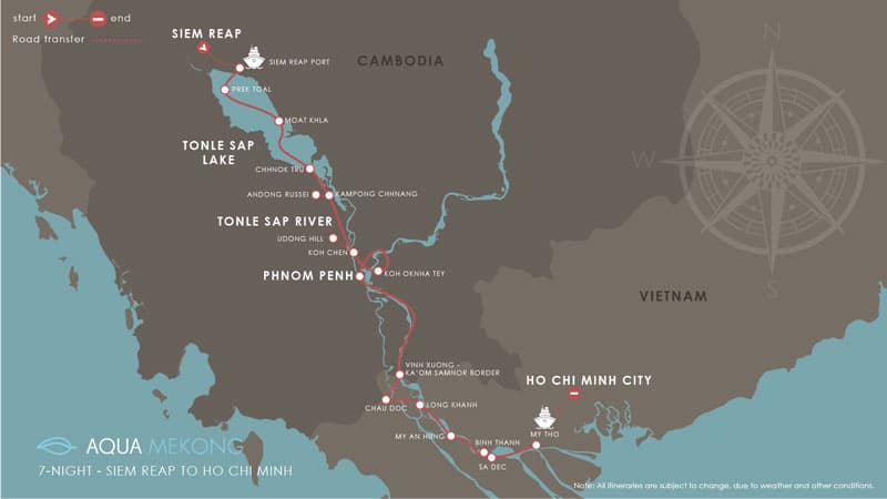 Route map of Aqua Mekong River Cruise 8-Day High-Water Down-River small ship expedition from Siem Reap, Cambodia to Saigon, Vietnam, with stops at Tonle Sap Lake, Phnom Penh, My An Hung, Binh Thanh, Sa Dec, Cai Be & My Tho.