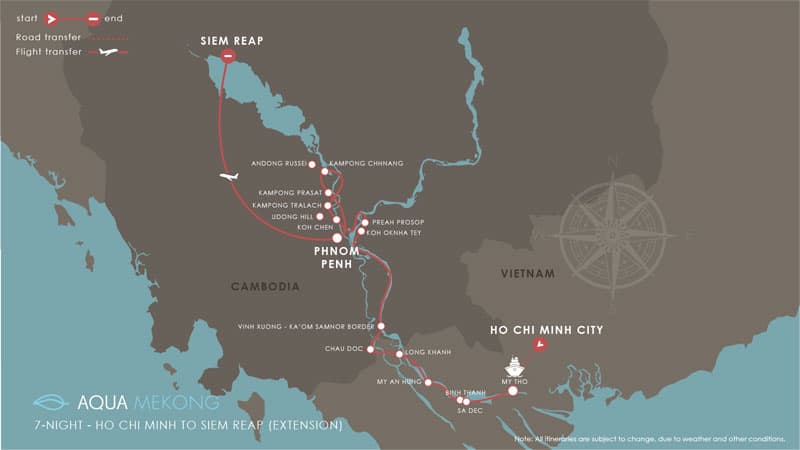 Route map of Aqua Mekong River Cruise 8-Day Low-Water Up-River small ship expedition from Saigon, Vietnam, to Siem Reap, Cambodia, with stops at My Tho, Binh Thanh, Sa Dec, My An Hung, Chau Doc, Koh Oknha Tey, Preah Prosop, Phnom Penh, Koh Chen, Kampong Prasat, Kampong Chhnang & Kampong Tralach.