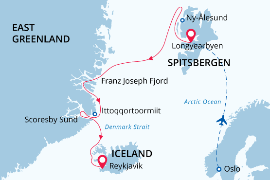 Route map of Arctic Odyssey cruise, flying from Oslo, Norway to embark in Longyearbyen, Spitsbergen, before cruising northwestern Svalbard & east Greenland, disembarking to end in Reykjavik, Iceland.