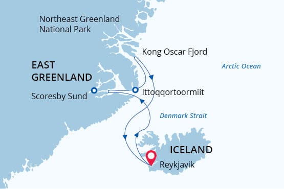 Route map of East Greenland-Fjords & Northern Lights voyage, operating round-trip from Reykjavik, Iceland, with visits to Scoresby Sund, Ittoqqortoormiit & Kong Oscar Fjord.