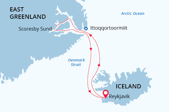 Route map of Arctic Sights & Northern Lights cruise round-trip from Reykjavik, Iceland, across the Denmark Sea to Scoresby Sund in East Greenland.