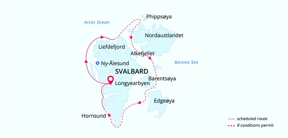 Route map of Best of Svalbard Arctic small ship cruise, operating round-trip from Longyearbyen with an attempt to circumnavigate Svalbard.