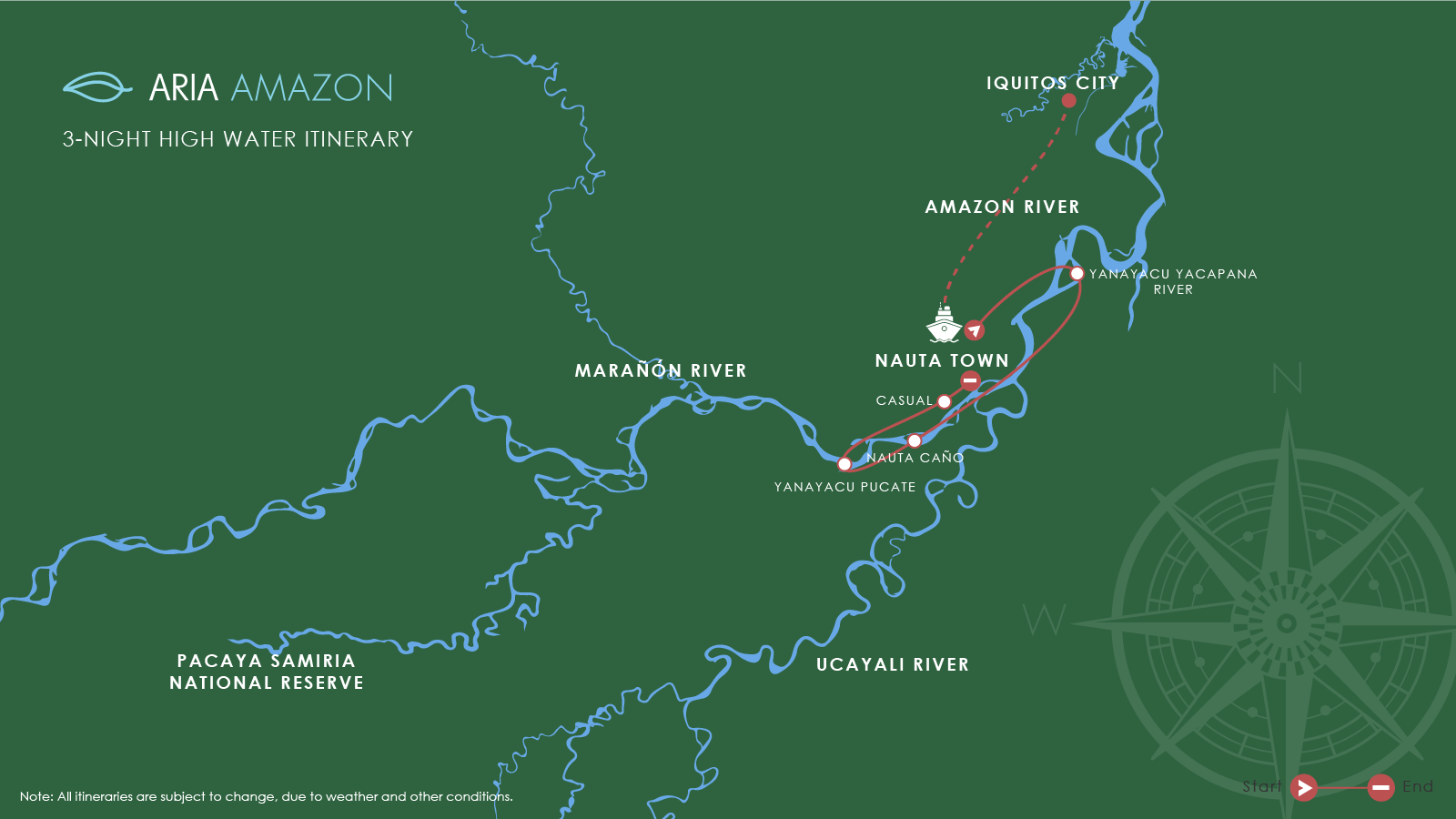 Route map of Aria Amazon River Cruise 4-day high-water itinerary, round-trip from Iquitos, Peru, sailing round-trip from Nauta with visits along the Maranon river.