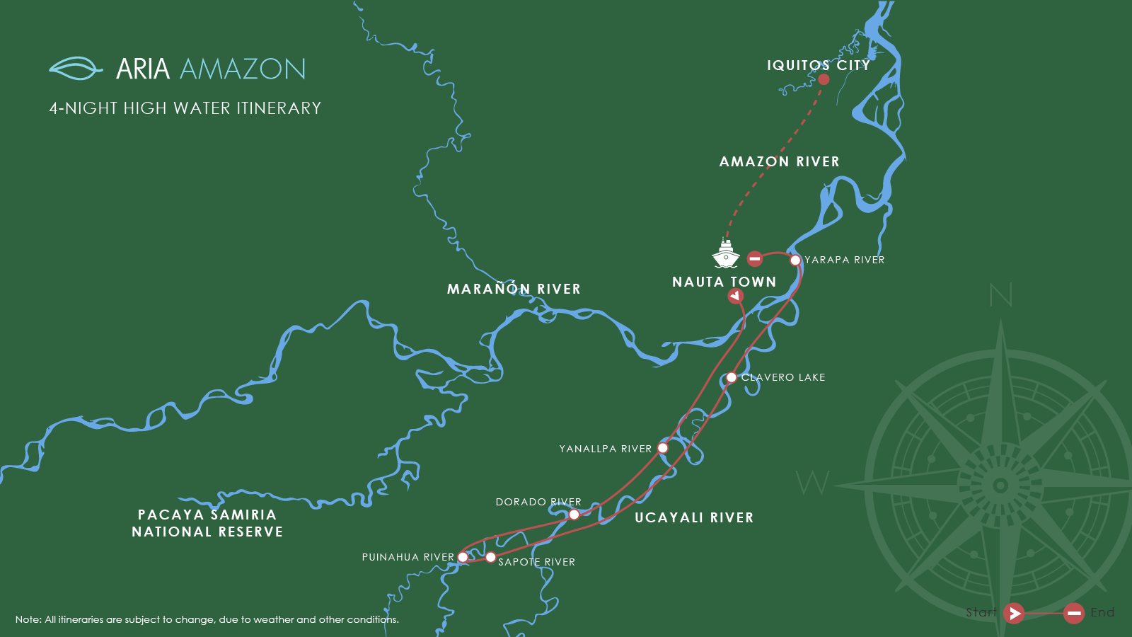 Route map of Aria Amazon River Cruise 5-day high-water itinerary, round-trip from Iquitos, Peru, sailing round-trip from Nauta with visits along the Ucayali river.