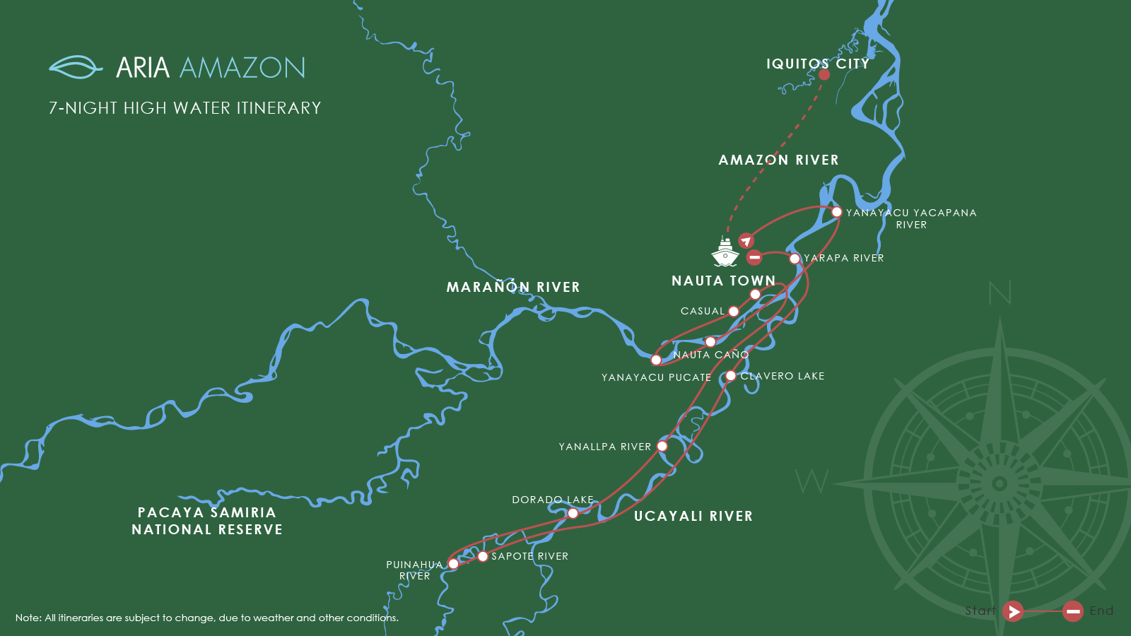 Route map of Aria Amazon River Cruise 8-day high-water itinerary, round-trip from Iquitos, Peru, sailing round-trip from Nauta with visits along the Maranon & Ucayali rivers.