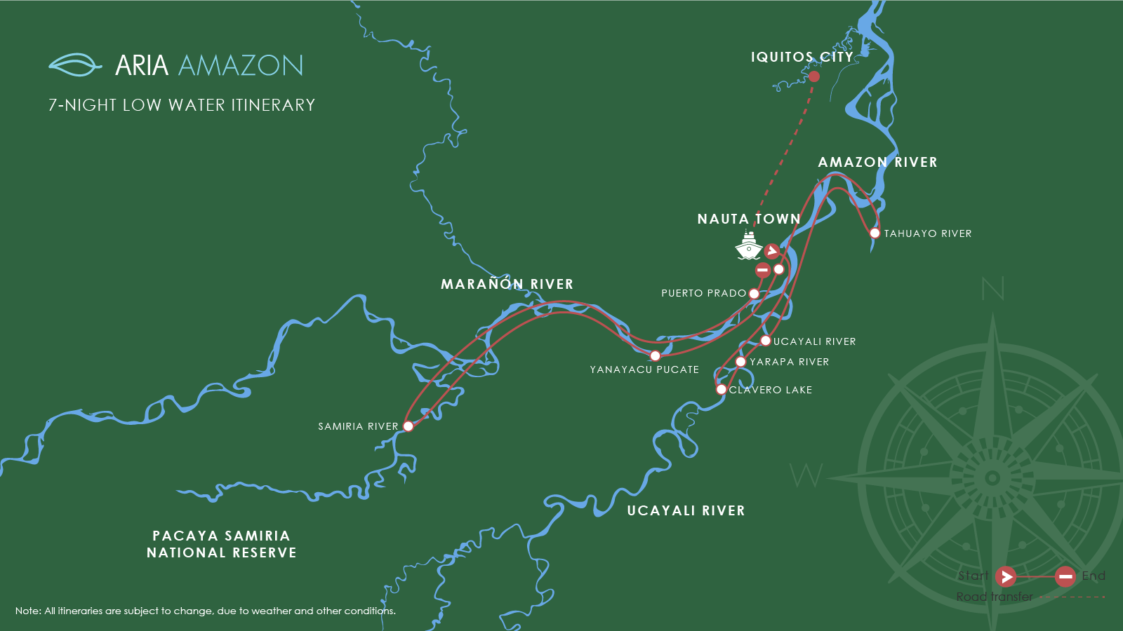 Route map of Aria Amazon River Cruise 8-day low-water itinerary, round-trip from Iquitos, Peru, sailing round-trip from Nauta with visits along the Amazon, Maranon & Ucayali rivers.
